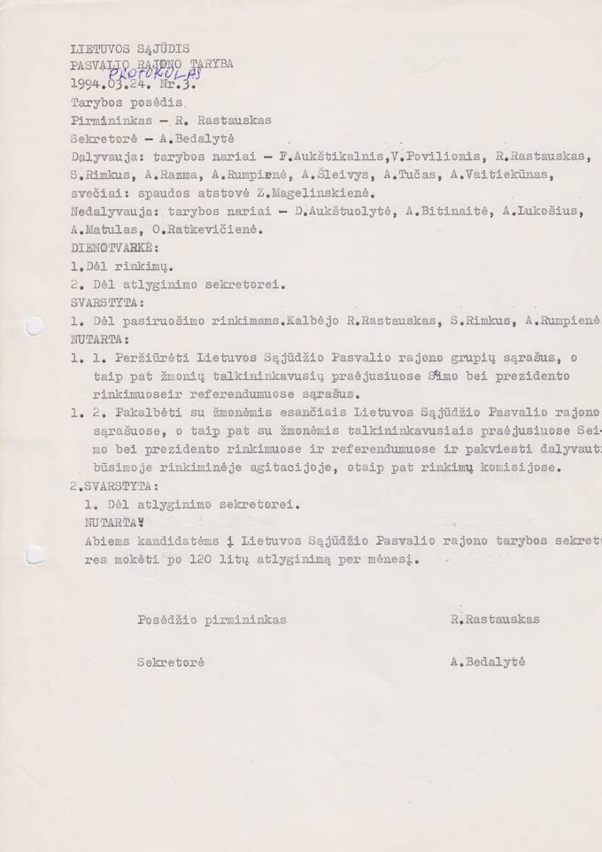 Lietuvos Sajūdžio Pasvalio rajono Tarybos 1994 m. kovo 24 d. posėdžio PROTOKOLAS Nr. 3